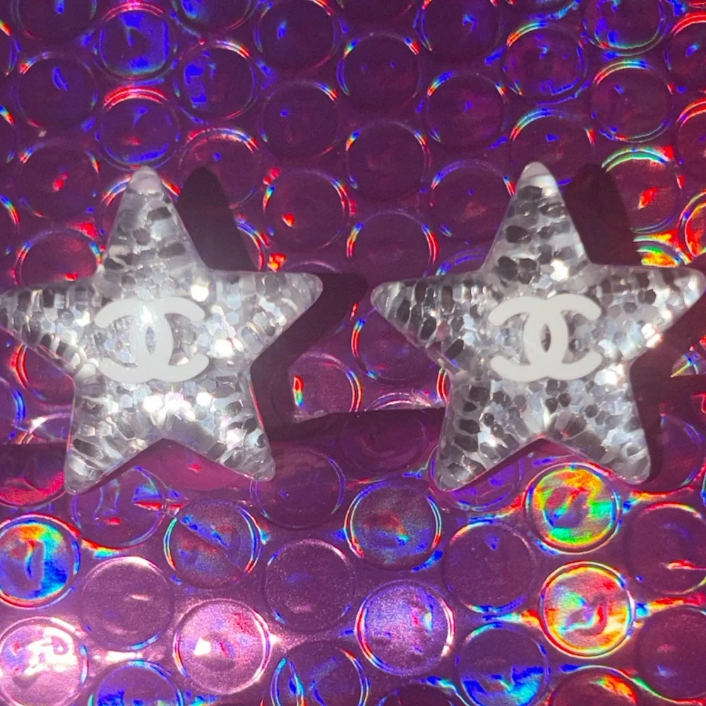 CHANEL White CC Silver Glitter Resin Star Studs